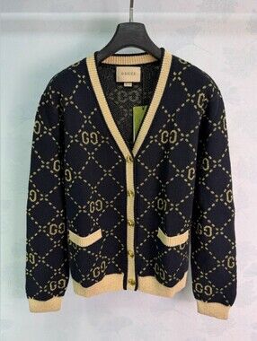 Gucci Black and Gold GG Monogram V-Neck Cardigan
